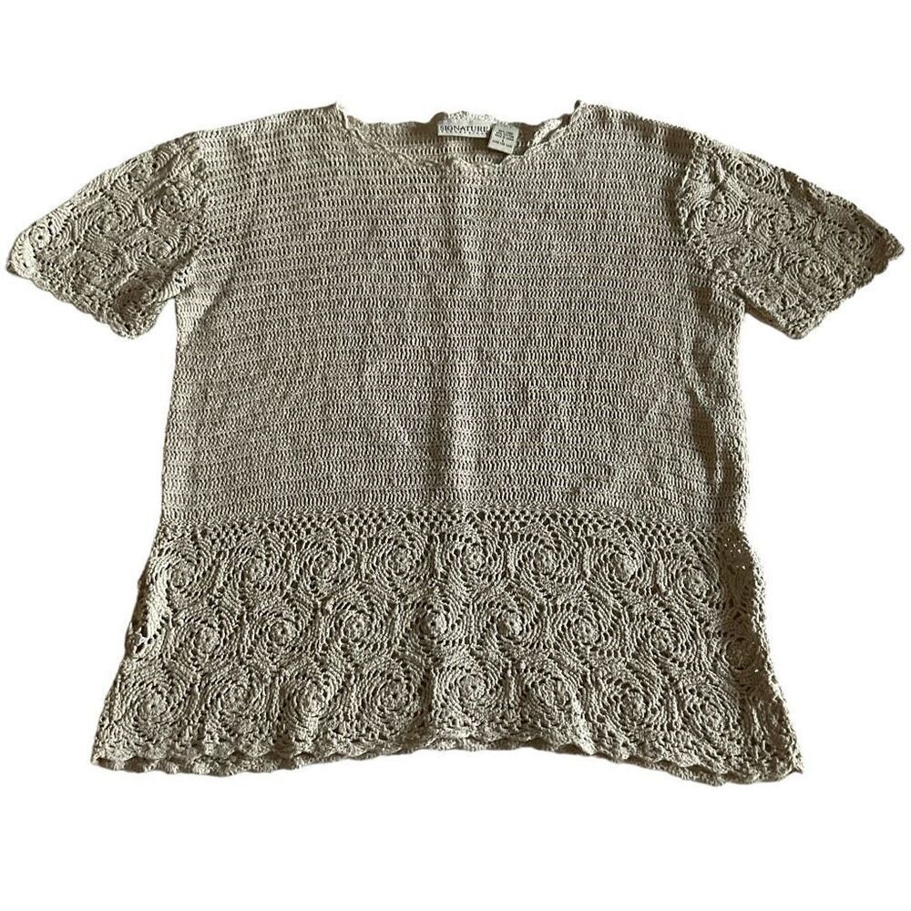 Signature Expressions Top Tan Ivory Crochet Short Sleeve Blouse Size Small - Picture 6 of 10